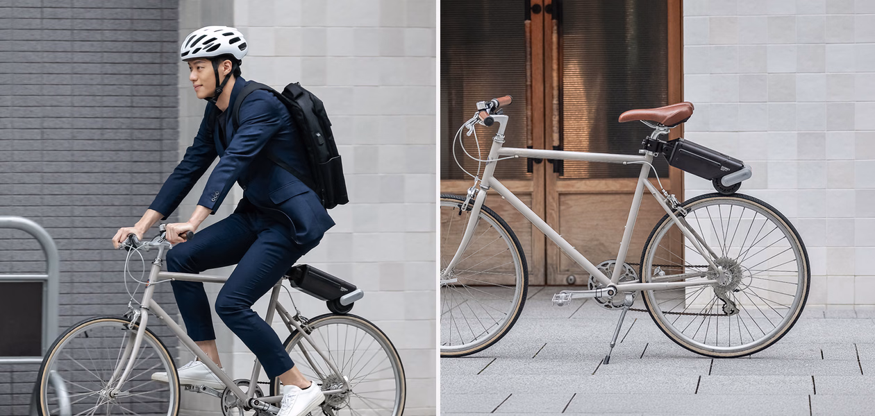 On the left image, a man in a blue suit and a helmet rides a bicycle past a modern building. On the right image, a city bike with the oxiis installed.