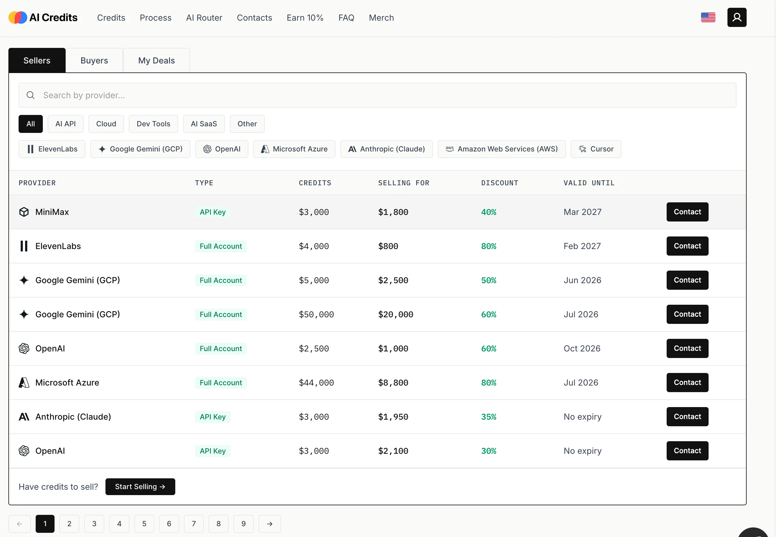 Screenshot of the AI Credits sellers table listing MiniMax, ElevenLabs, Google Gemini, OpenAI, Microsoft Azure, and Anthropic credits at discounts from 30% to 80%