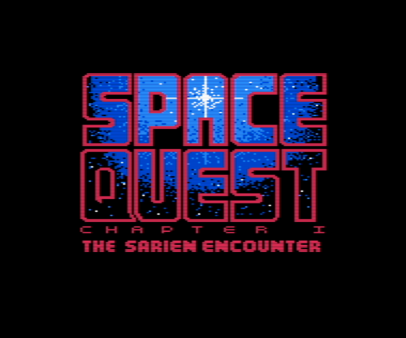 Space Quest 1: The Sarien Encounter title screen rendered by AGI-64 on a Commodore 64