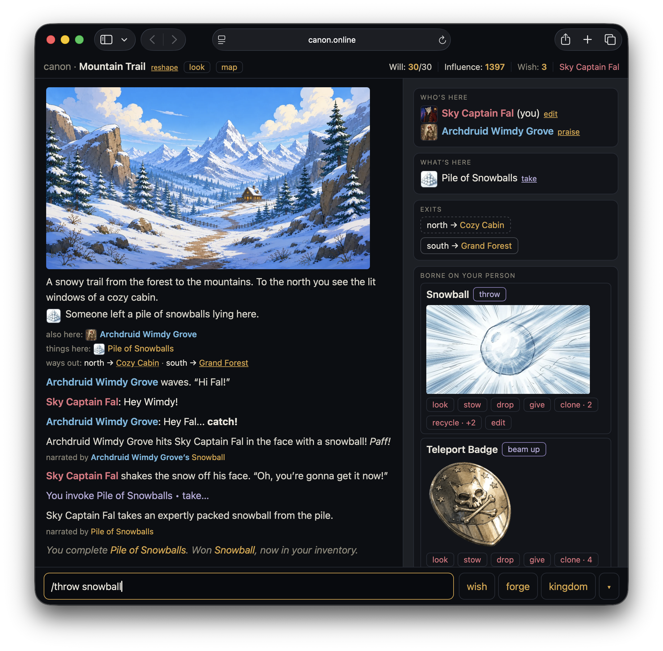 The Canon user interface. A web client featuring a multiplayer game history with text-based conversation and interactions, and optional images. In this example two players, Sky Captain Fal and Archdruid Wimdy Grove, greet each other outside a snowy mountain cabin and have a friendly snowball fight.