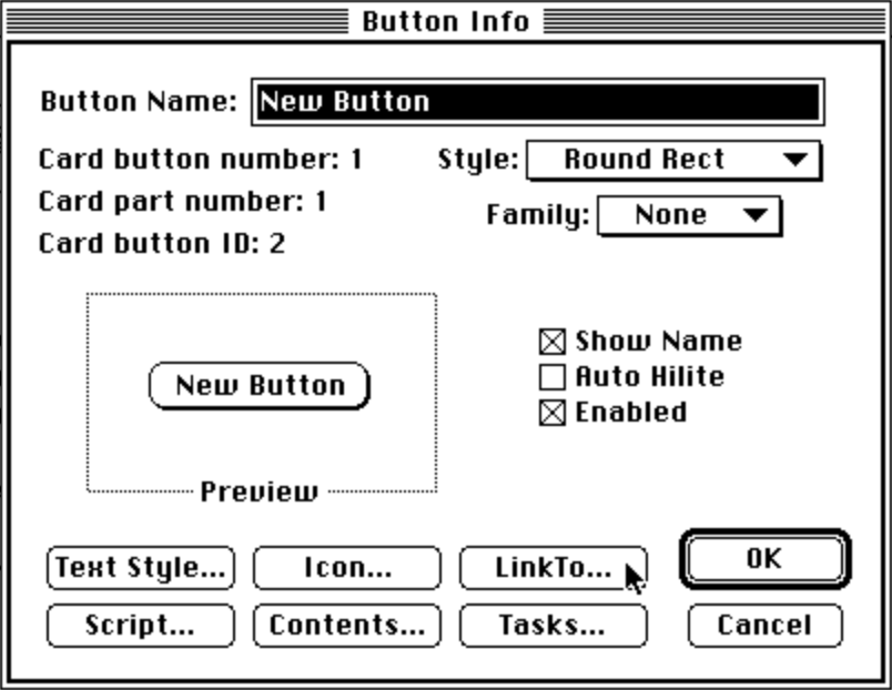 HyperCard GUI for editing a button, including the ability to link that button to another target card.