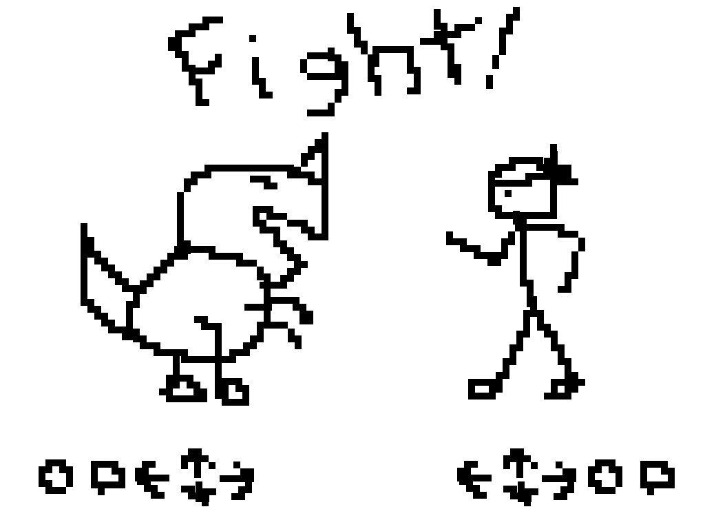 Artist’s recreation of Untitled Stick Fighter Game. A crude human stick figure vs. what looks like some kind of dinosaur I guess?