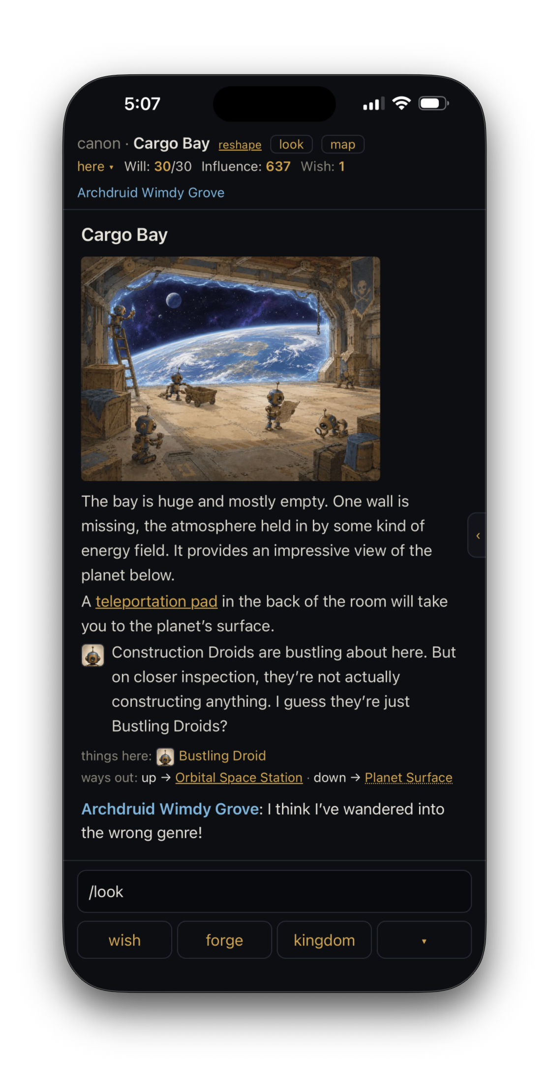 Room description for the Space Station Cargo Bay: The bay is huge and mostly empty. One wall is missing, the atmosphere held in by some kind of energy field. It provides an impressive view of the planet below.