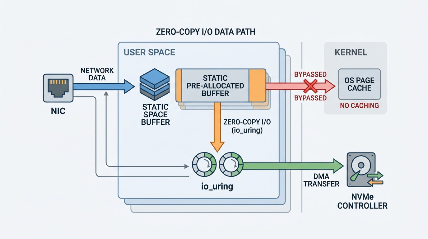 A architectural diagram illustrating TigerBeetle's zero-copy data flow from the network interface card directly to the NVMe controller via io_uring and statically allocated buffers.