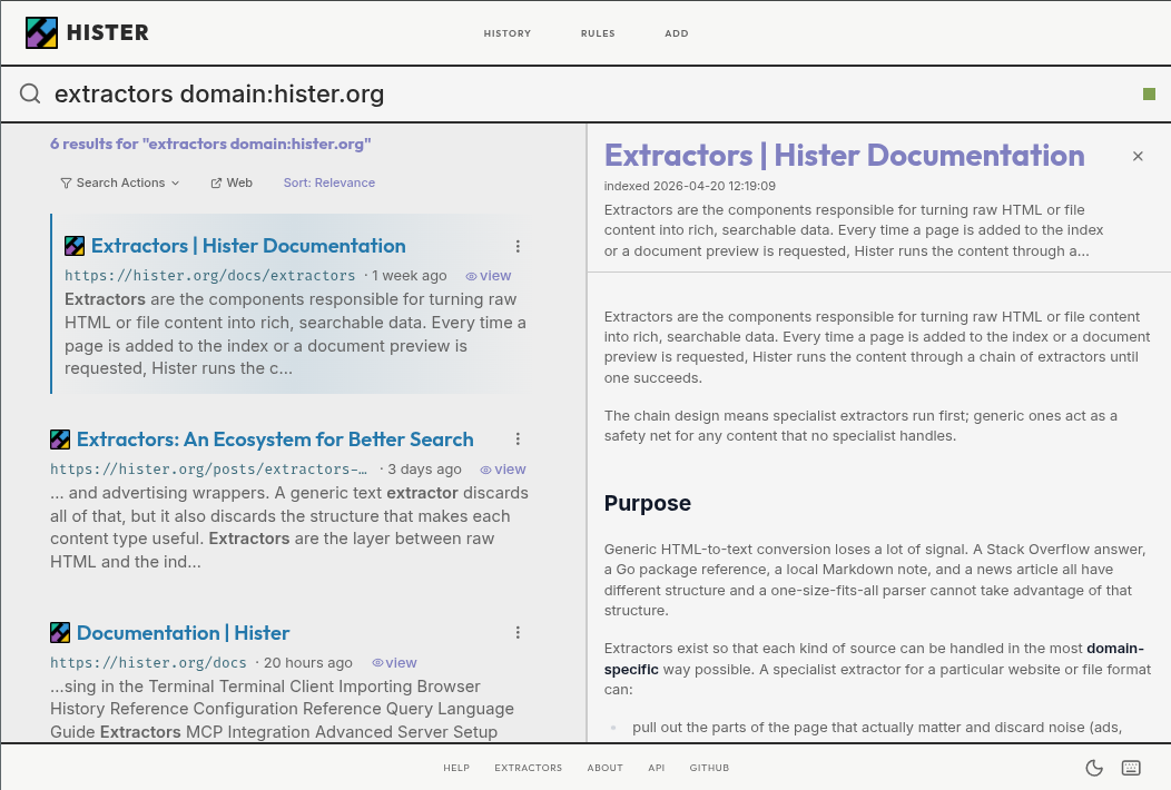 Hister search results with a stored document preview open