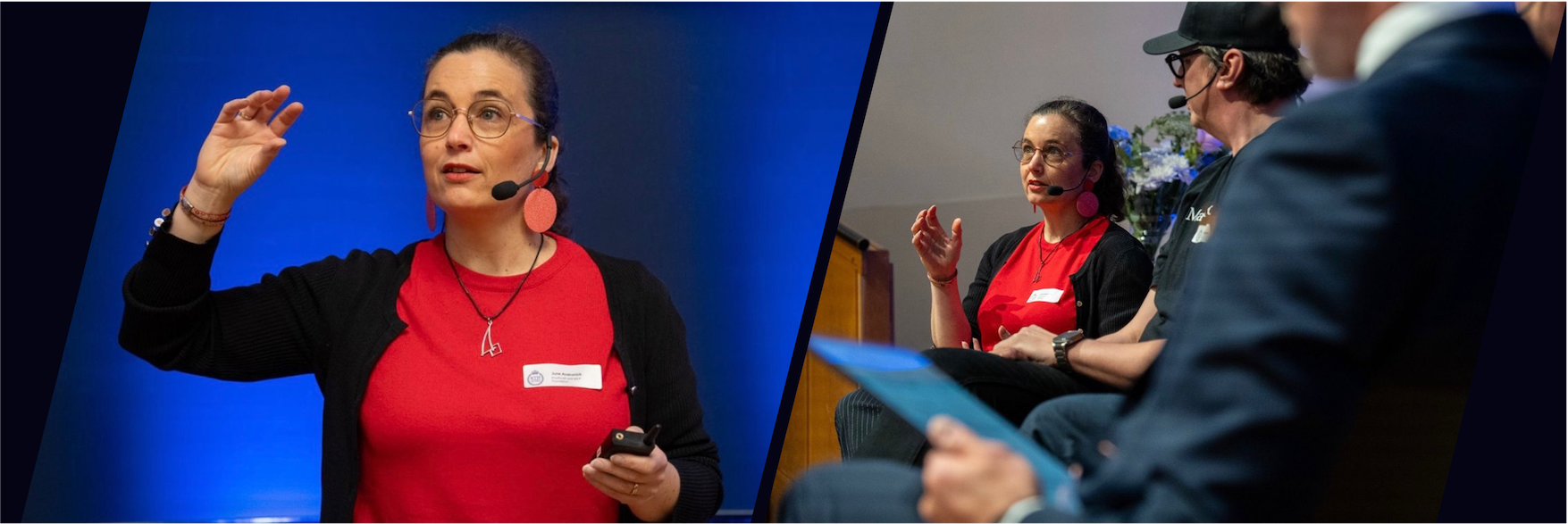 Picture of June giving talk and panel