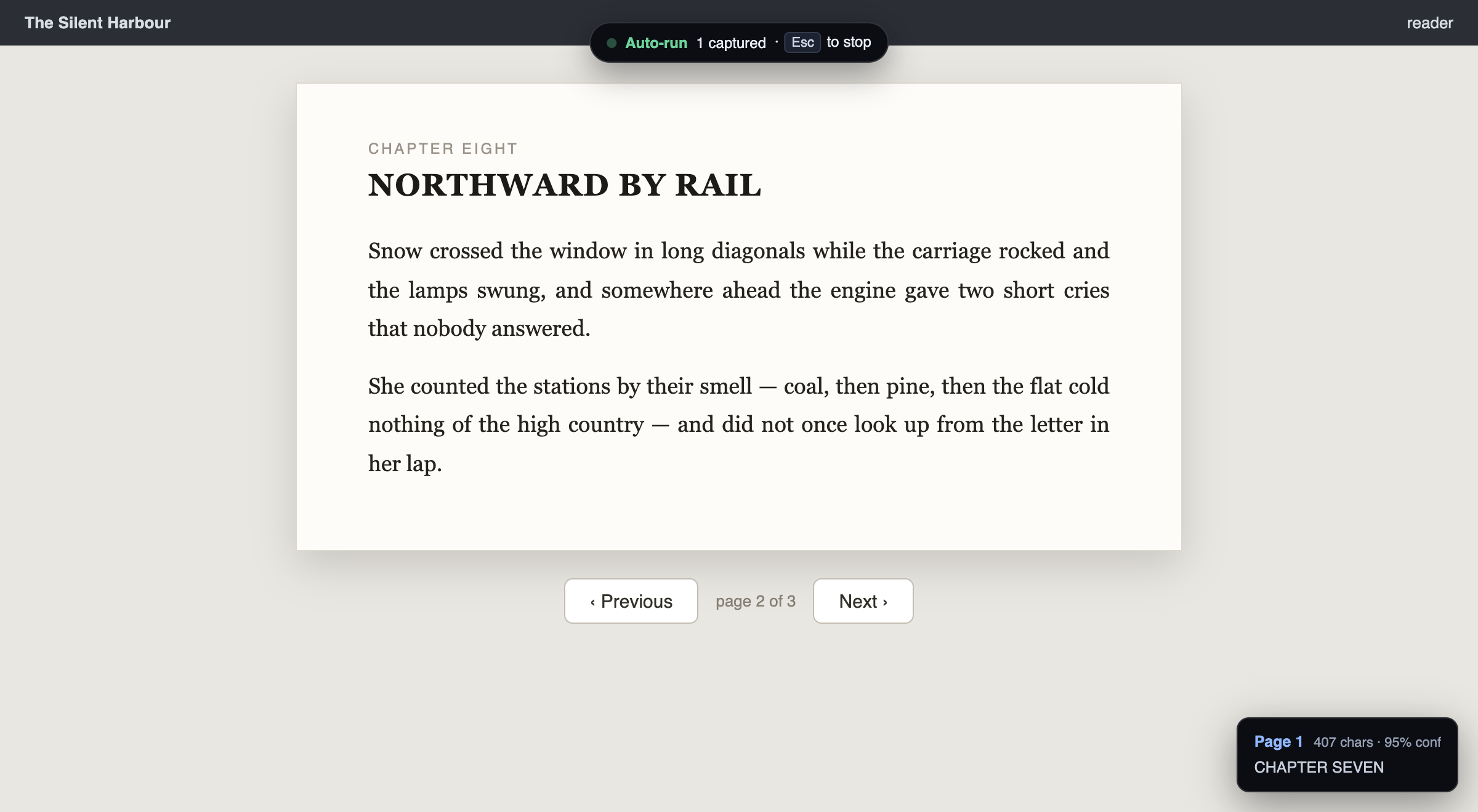 An auto-run in progress: the run indicator at the top of the page and a per-page confirmation toast in the corner