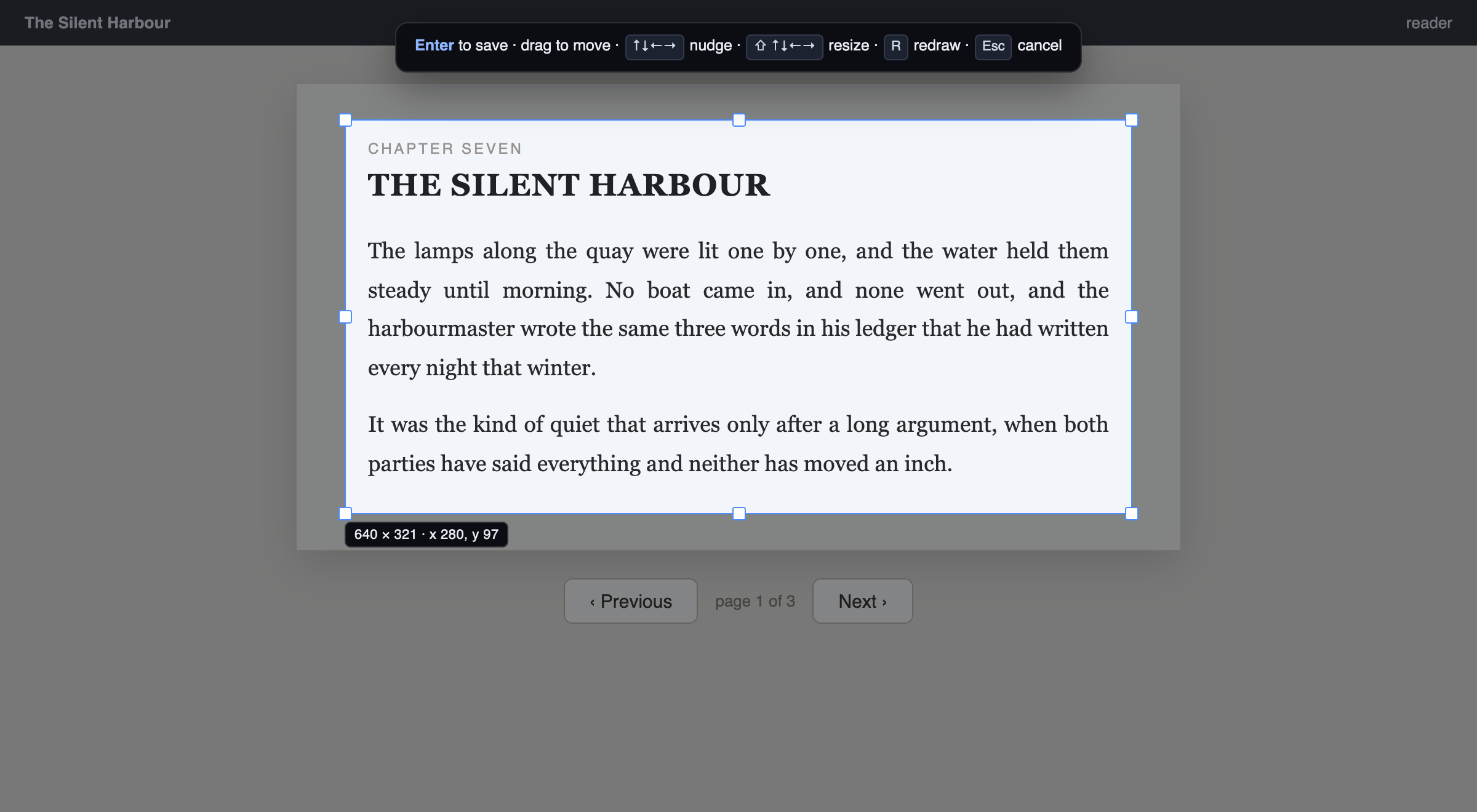 The region picker: a dimmed page with a bright selection box, resize handles, a live size readout, and a hint bar
