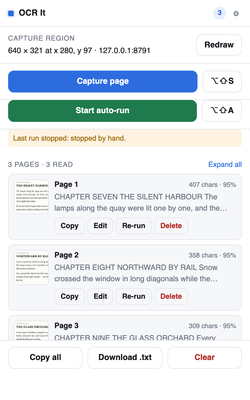 The popup listing captured pages with thumbnails, character counts and OCR confidence
