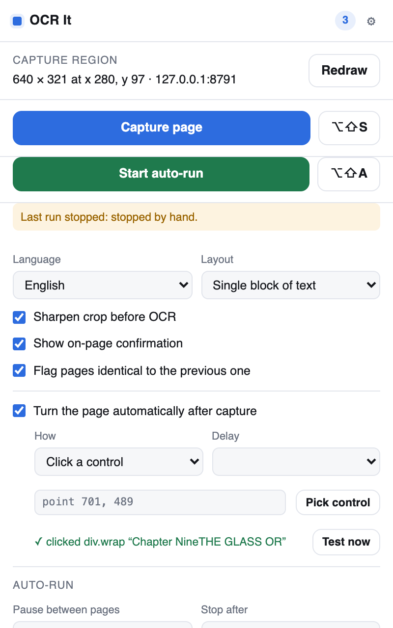 The settings panel: language, layout, sharpening, auto-advance and auto-run options