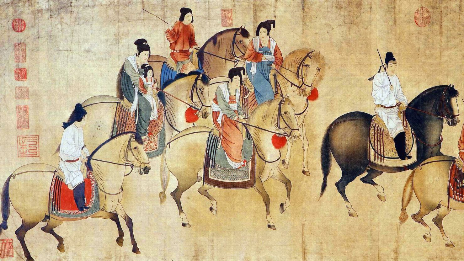 The painting "Lady Guoguo on a spring outing," by one of the Tang Dynasty's most famous artists, Zhang Xuan.