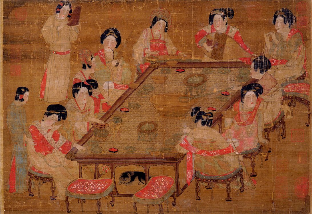An anonymous painting depicts elegant ladies of the Tang imperial court enjoying a feast and music, in China.