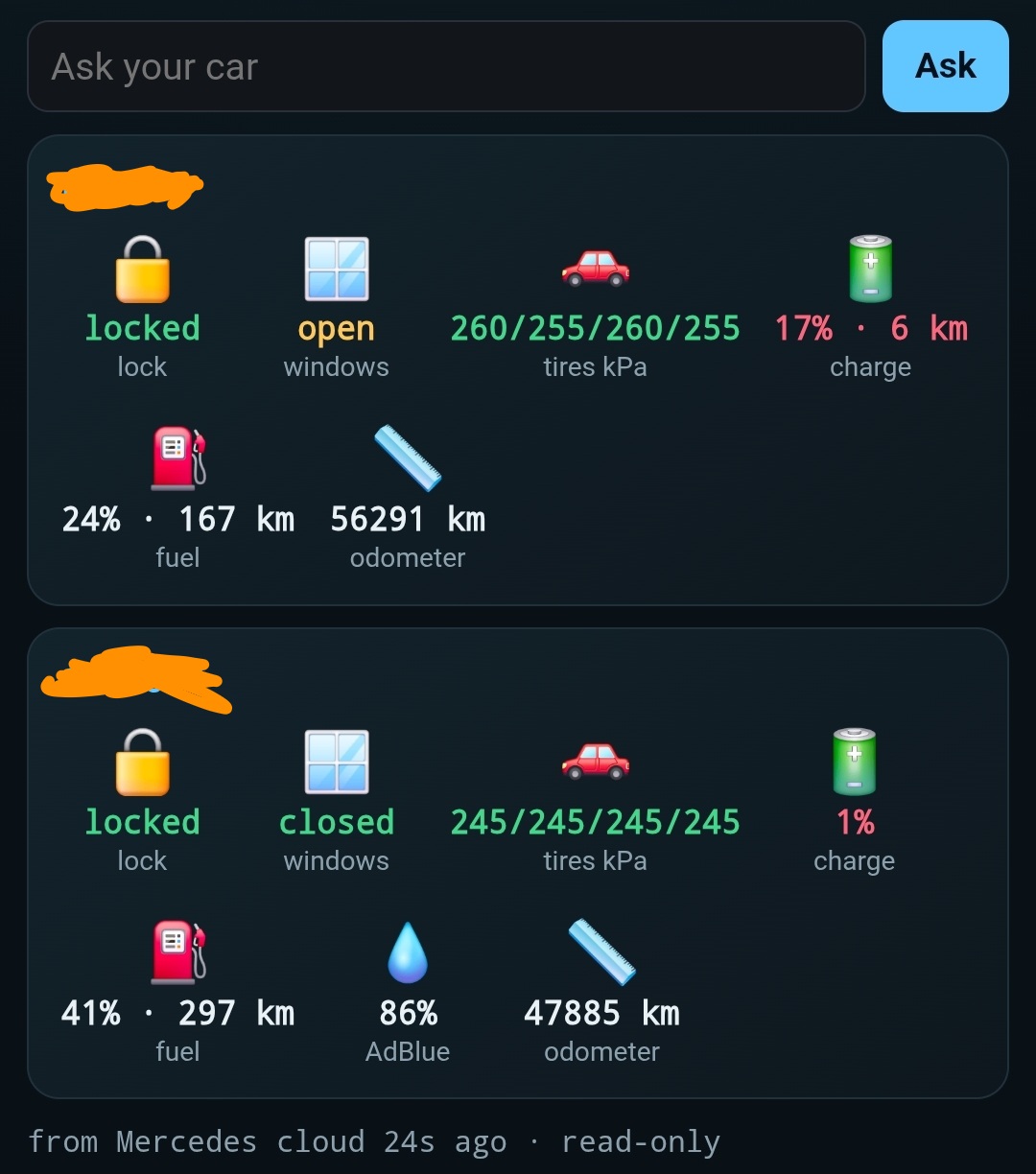 Both cars live on the phone dashboard from the Mercedes cloud: lock state, windows, tire pressures, charge, fuel, AdBlue and odometer per car, read-only
