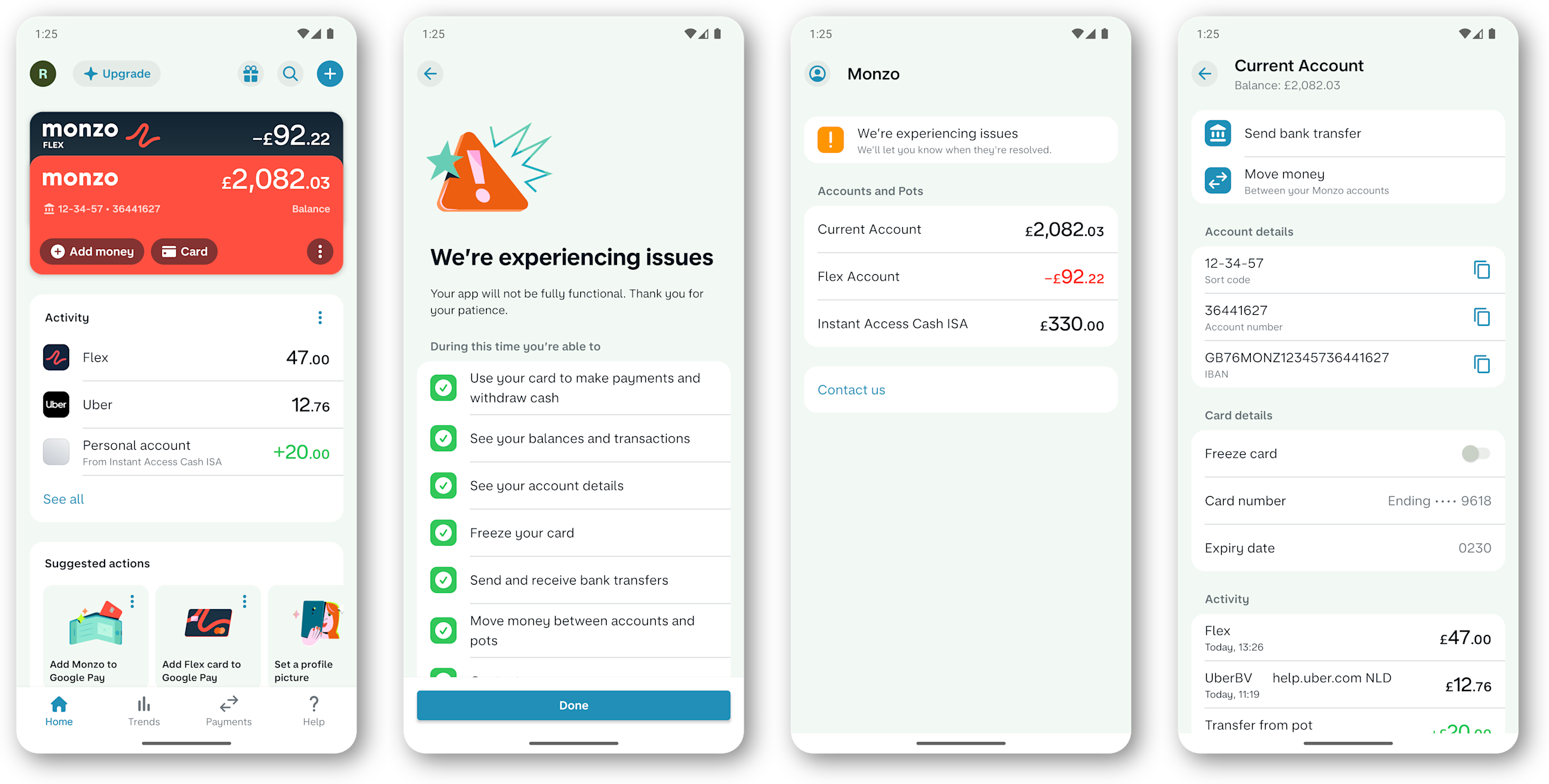 Four screenshots of the Monzo App. From left to right: the typical Monzo App overview screen, then a screen explaining Monzo is experiencing issues and a list of features that are still available, then the simplified view of accounts while Stand-in is enabled, and finally a simplified view of Current Account details and transactions.