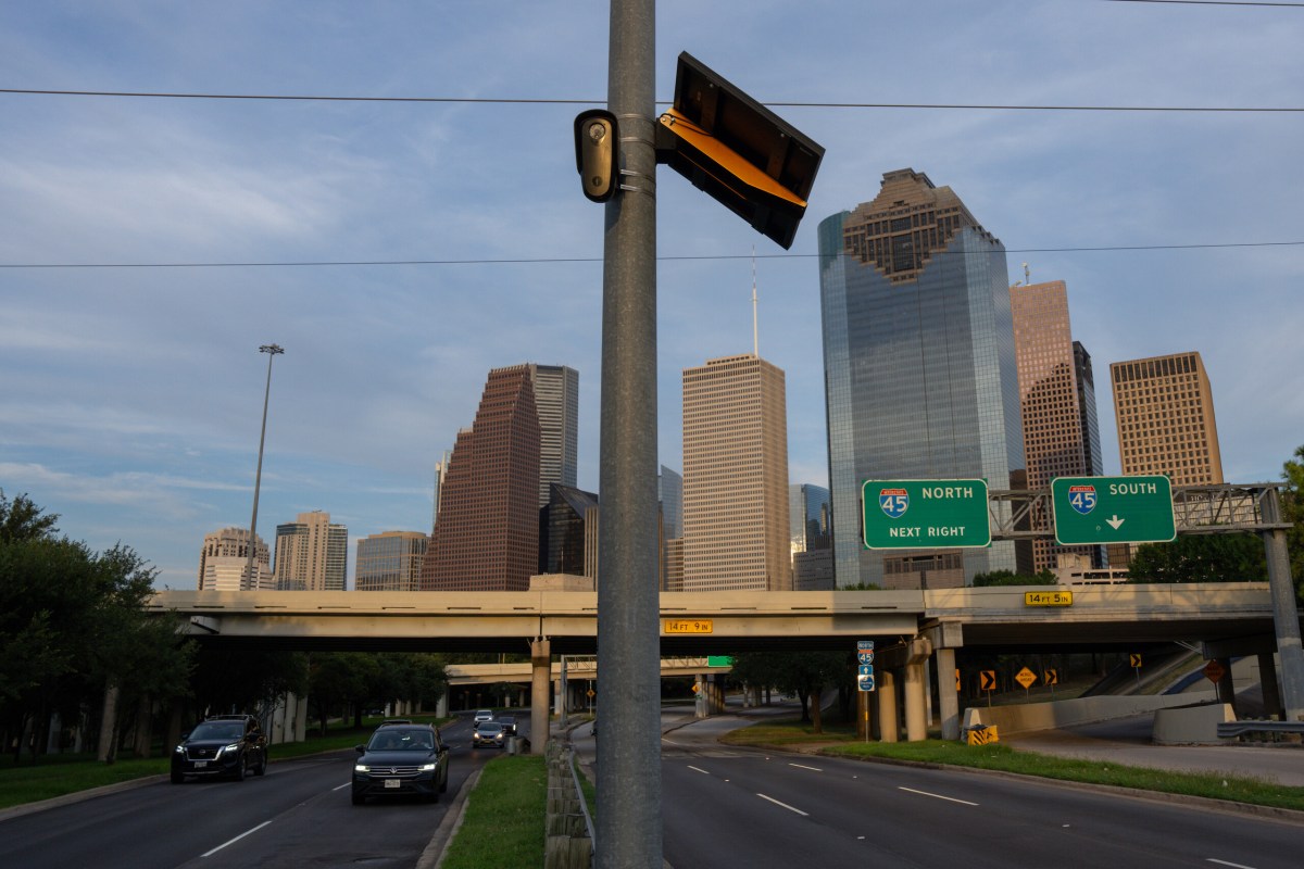 A Flock camera records drivers on Allen Parkway near downtown Houston on Monday, Aug. 24, 2026.