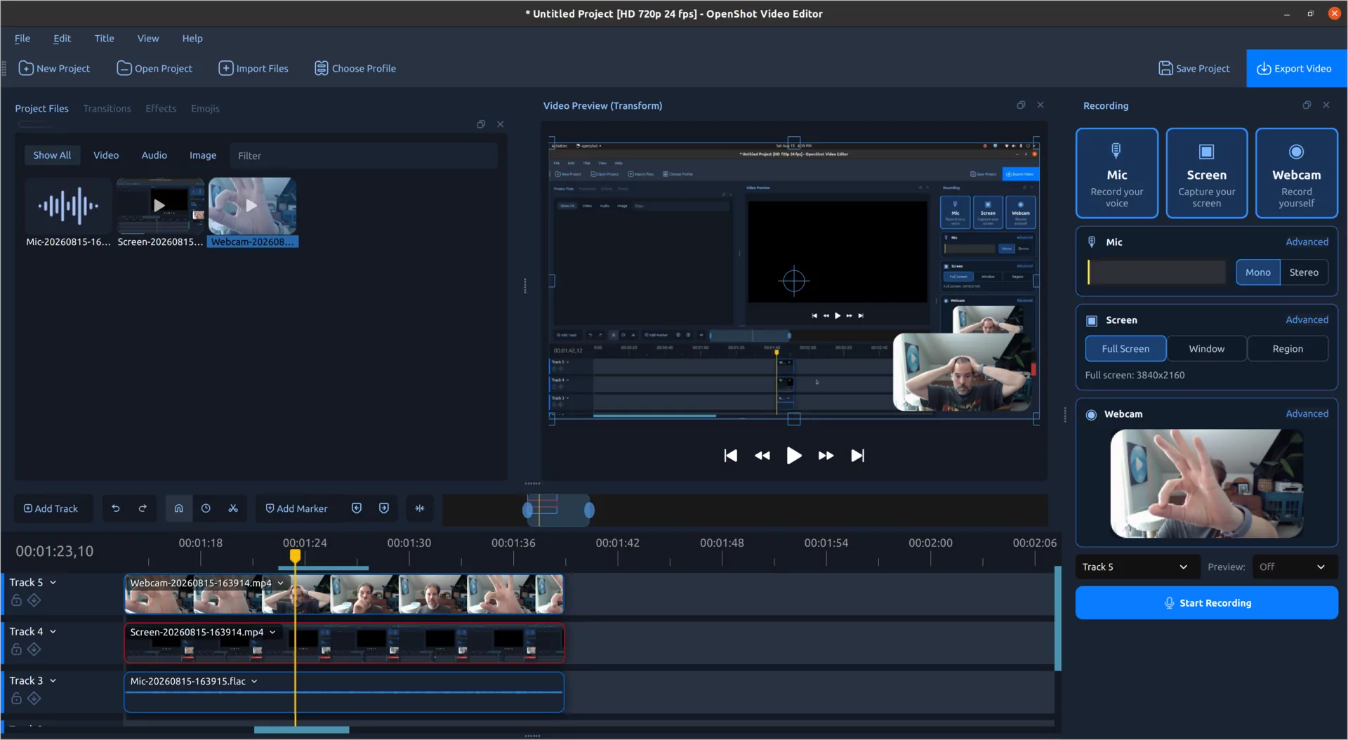 OpenShot 4.0 Recording View with microphone, screen, and webcam controls beside the timeline