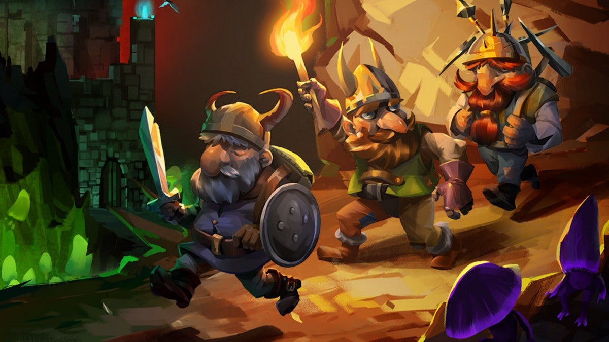 Three fantasy dwarves armed with swords, torches and pickaxes, advancing across a rocky cave floor in key art for Dwarf Fortress.