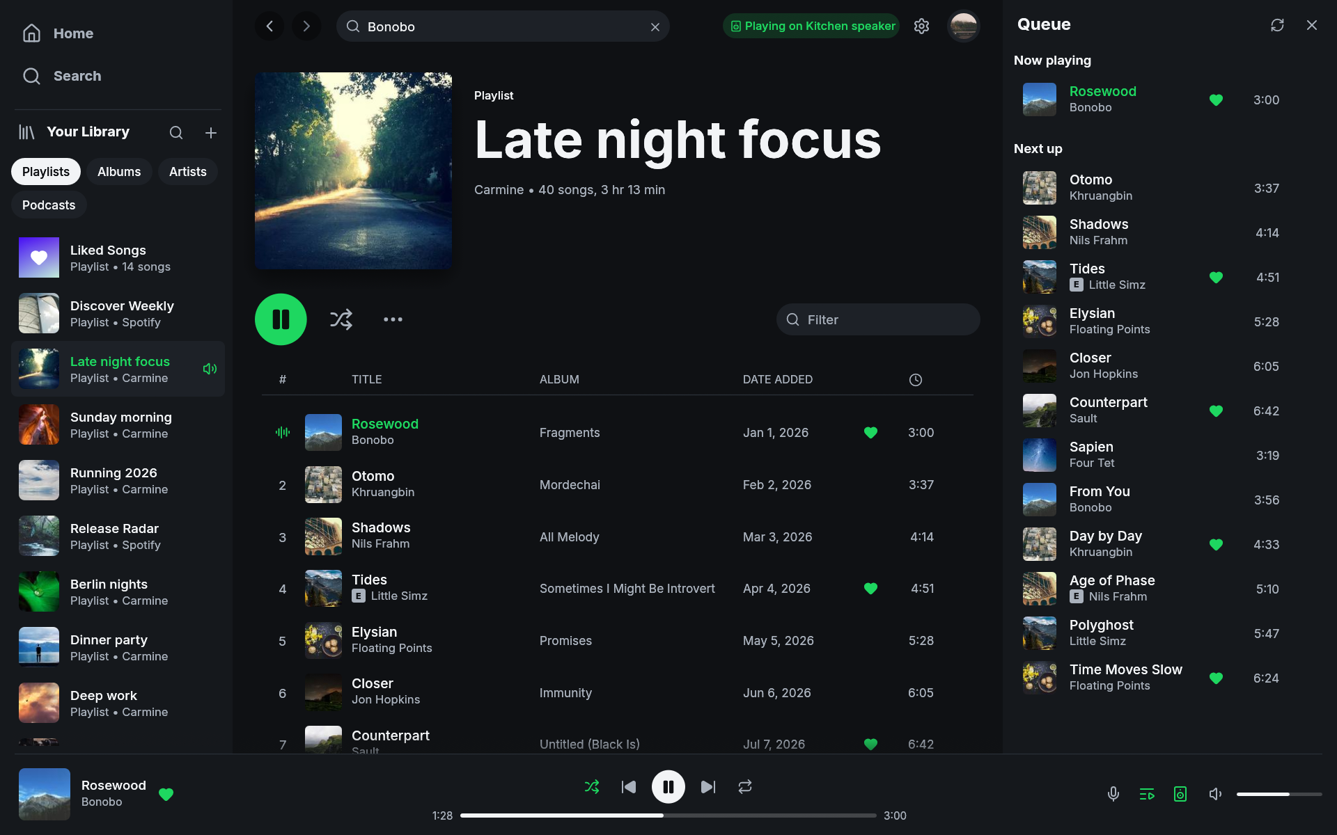 Fastpotify showing the Late night focus playlist with the queue panel open, a track playing, and the library in the sidebar
