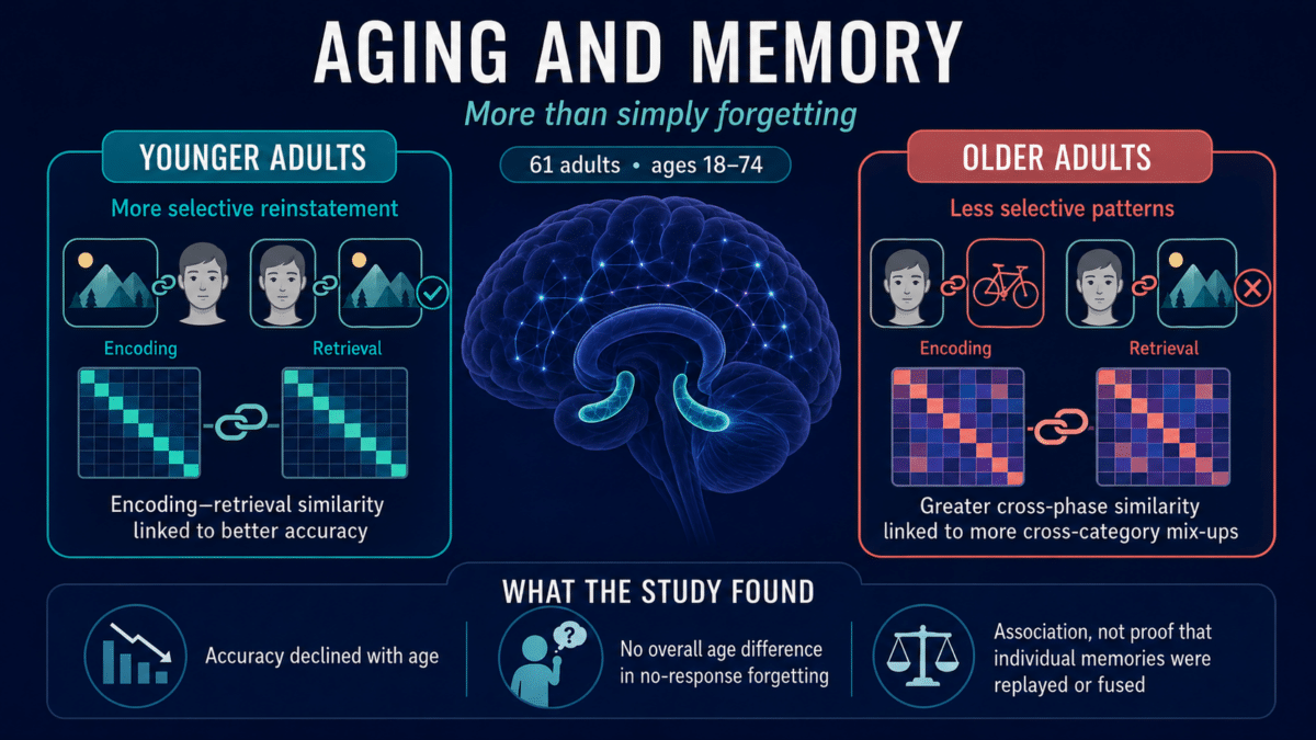 Infographic comparing younger adults’ accurate memory reinstatement with older adults’ increased cross-category memory mix-ups.