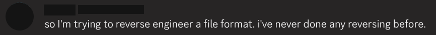 Person on Discord asking for help reverse engineering a file format