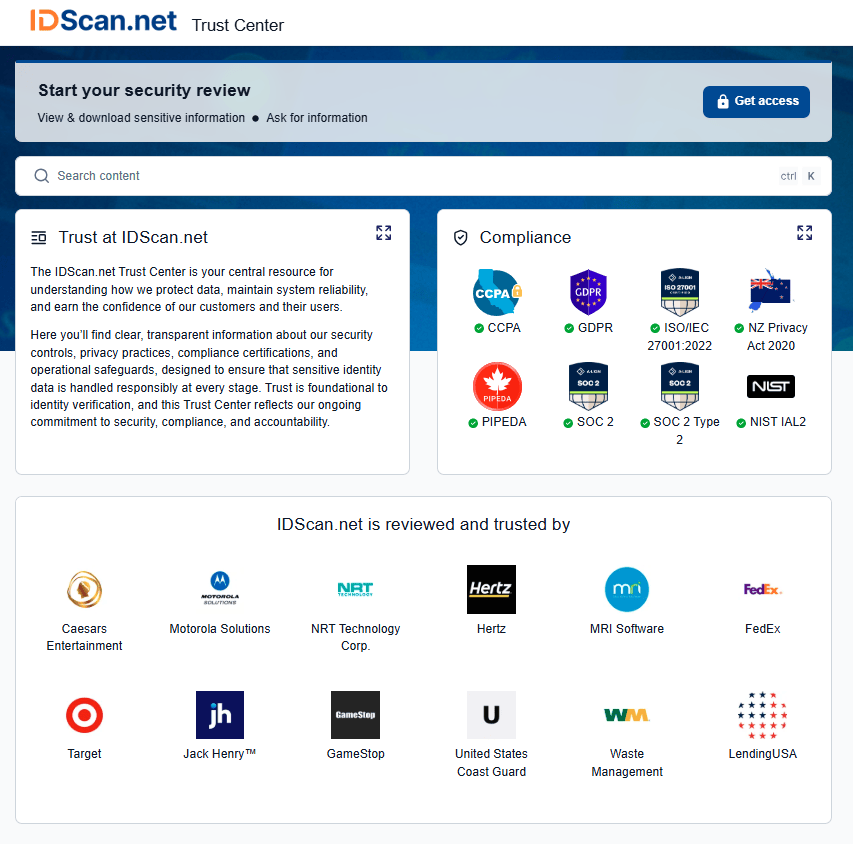 The IDScan.net Trust Center webpage features a security review banner, a search bar, sections for trust and compliance certifications, and a grid of logos from trusted partner organizations.