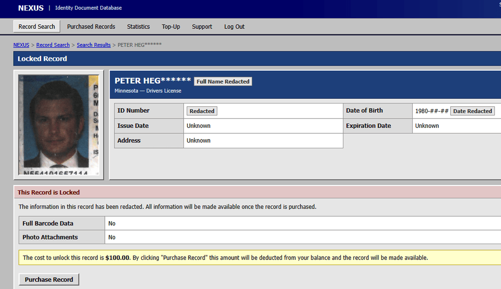A webpage from the NEXUS Identity Document Database shows a locked Minnesota driver's license record for Peter Heg******, featuring a portrait photo of Hegseth and redacted personal details with a "Purchase Record" button at the bottom.