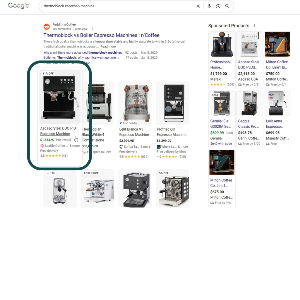 Traditional SERP showing a lower pre-owned price from a different seller