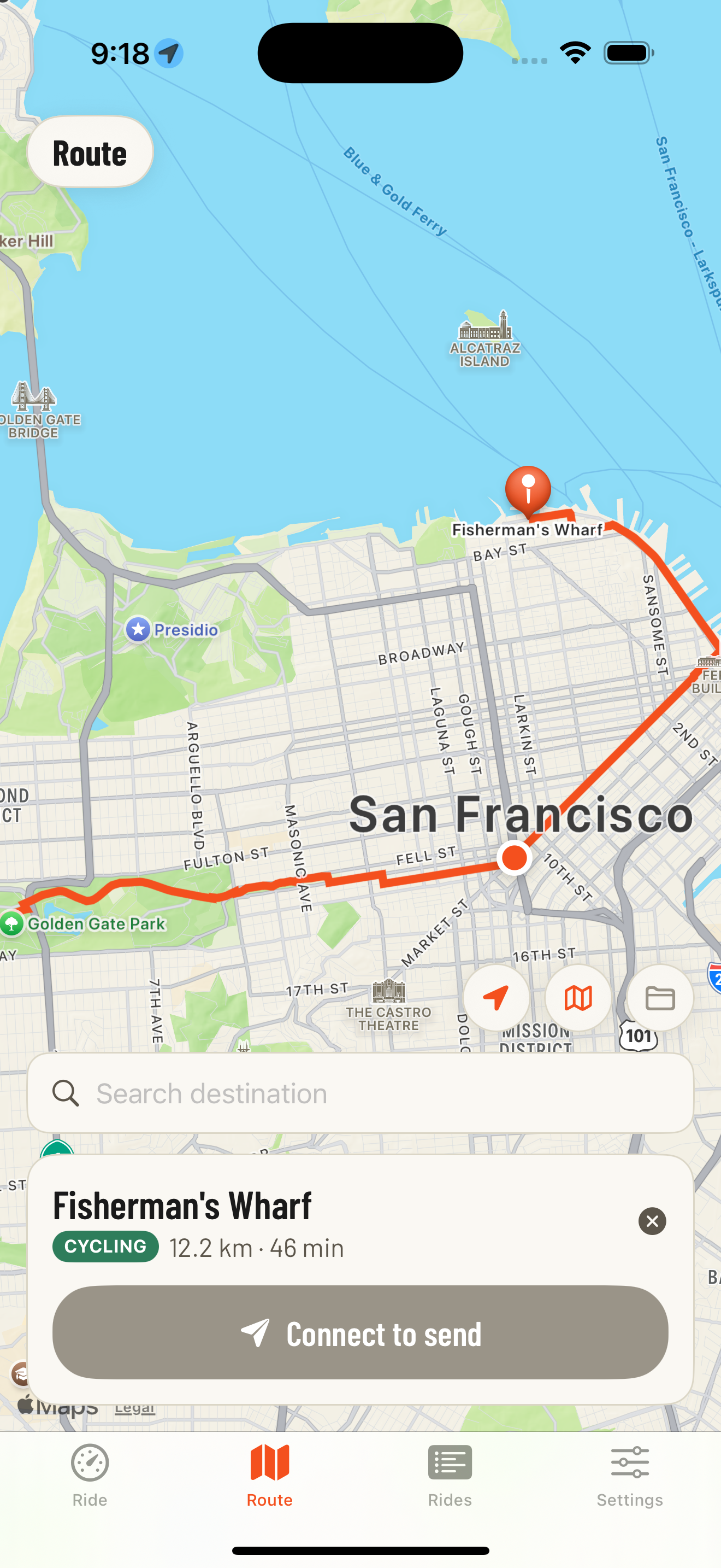 Route preview after searching a destination