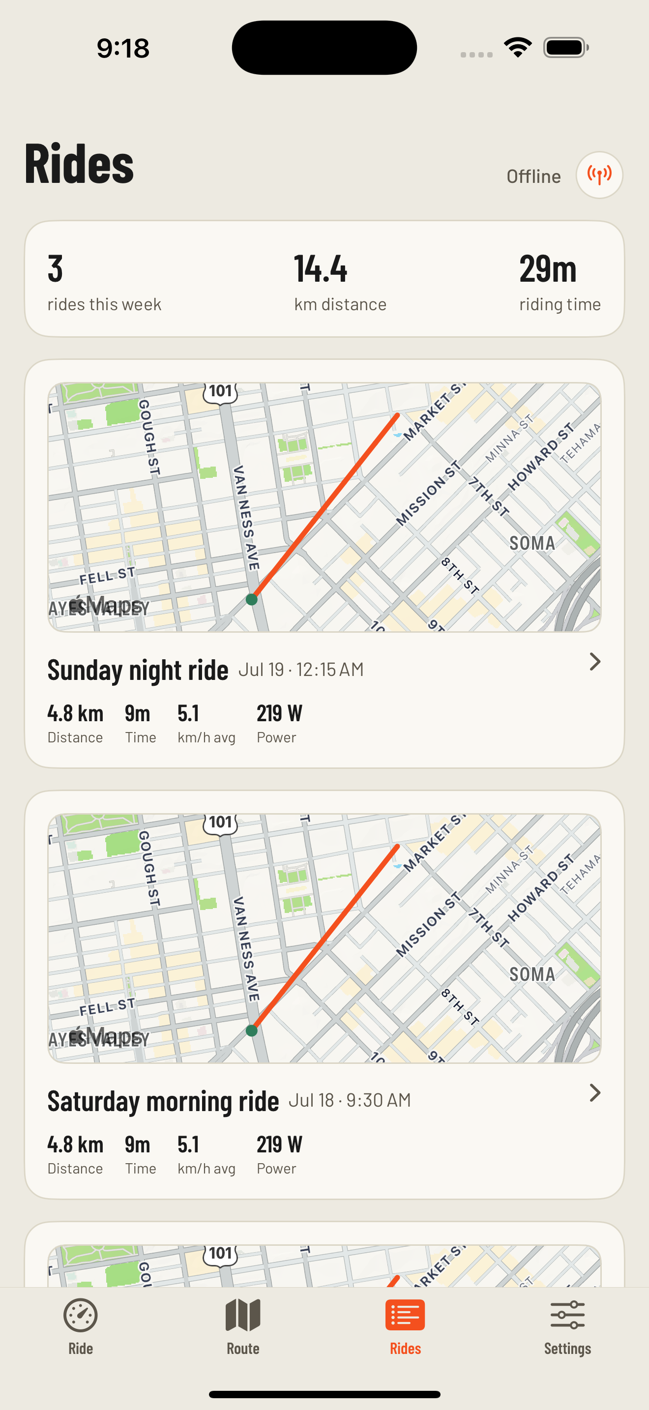 Rides list in the app