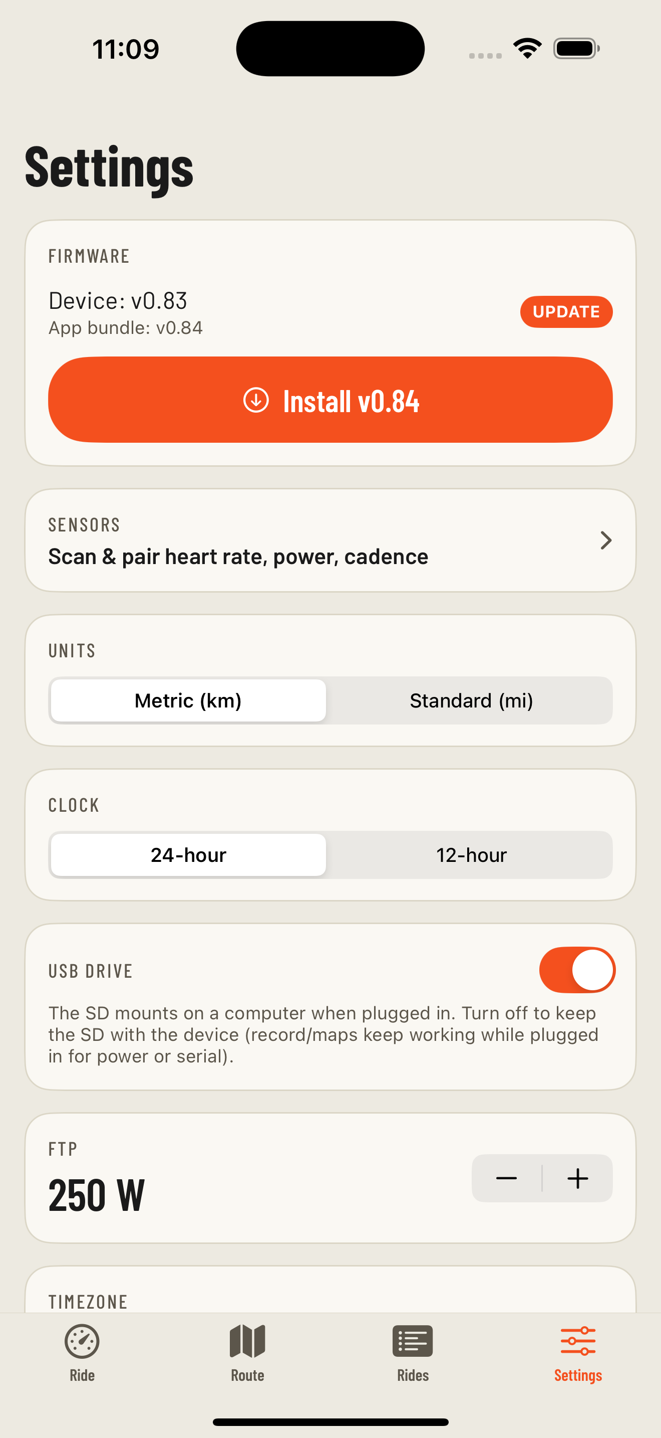 Settings with a firmware update pending