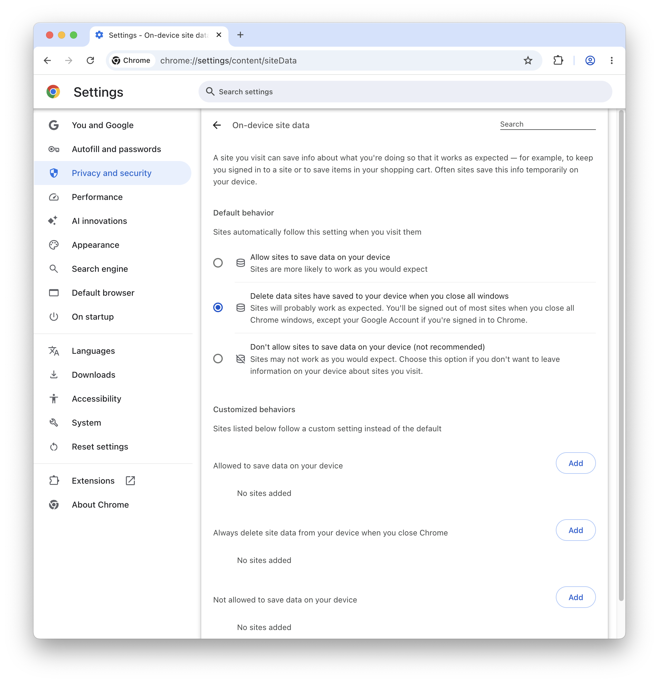 On-device site data