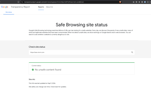 screenshot of Google Safe Browsing saying that race-term.com site is safe