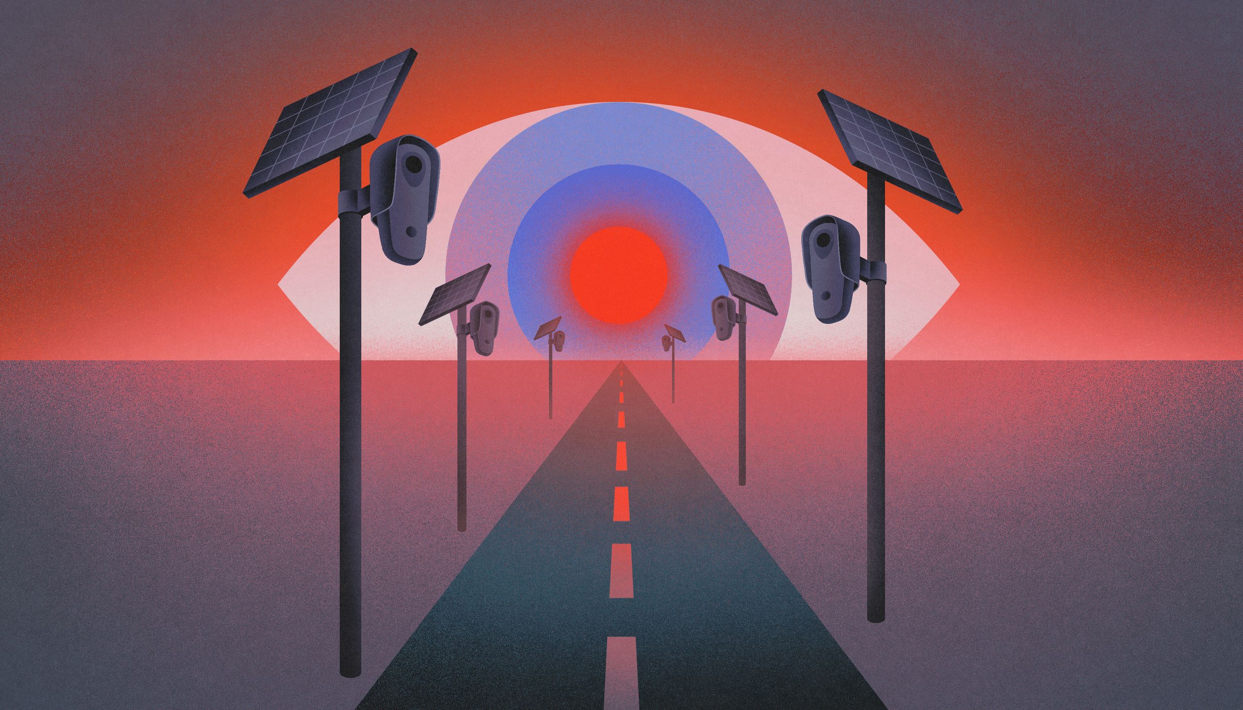 Illustration of flock cameras and a surveillant eye