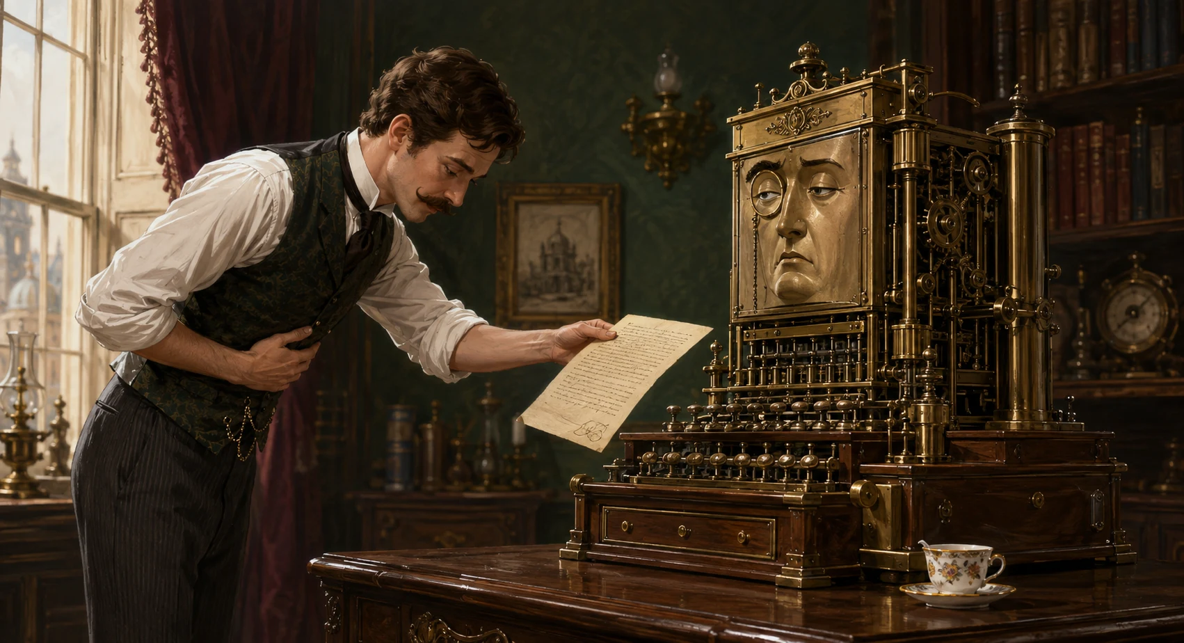 A Victorian programmer politely presenting a handwritten program to a deeply unimpressed brass computer