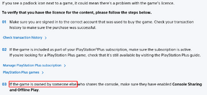 "If the game is owned by someone else who shares the console, make sure they have enabled Console Sharing and Offline Play."