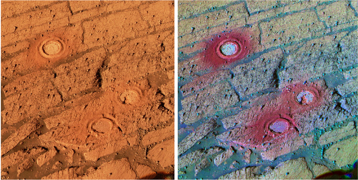 Side-by-side images of stratified rock with three circular craters, the left with real-life orange-brown coloration, and the right emphasizing variation with blues and greens along rock strata, red around the circles, and magenta and light blue inside the circles.