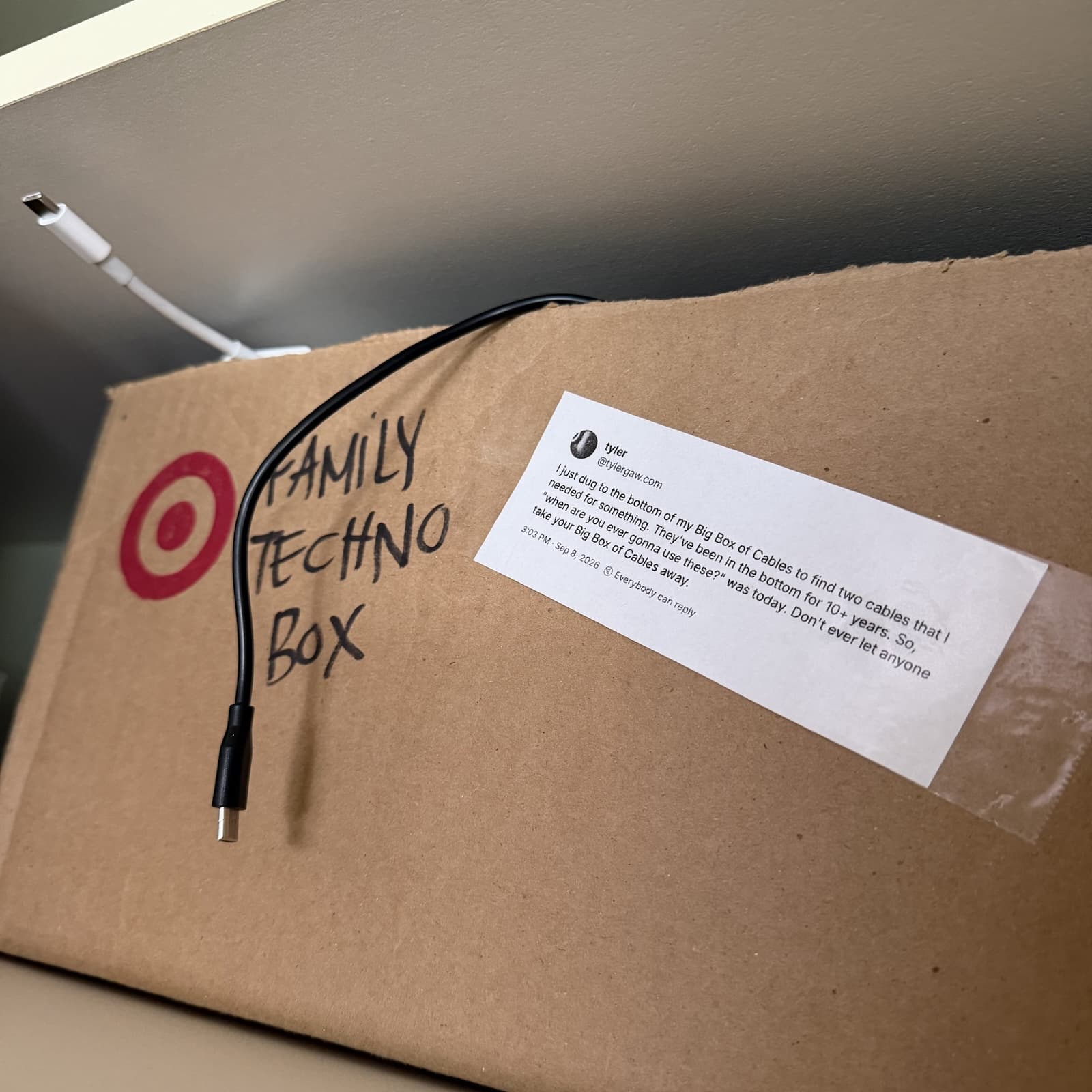 Photo of a cardobard box with cables hanging out of it. There is handwriting on the box with a sharpie that says “FAMILY TECHNO BOX”. There is also a print out of a skeet taped over the box that says (amongst other things): “Don’t ever let anyone take your Big Box of Cables away.”