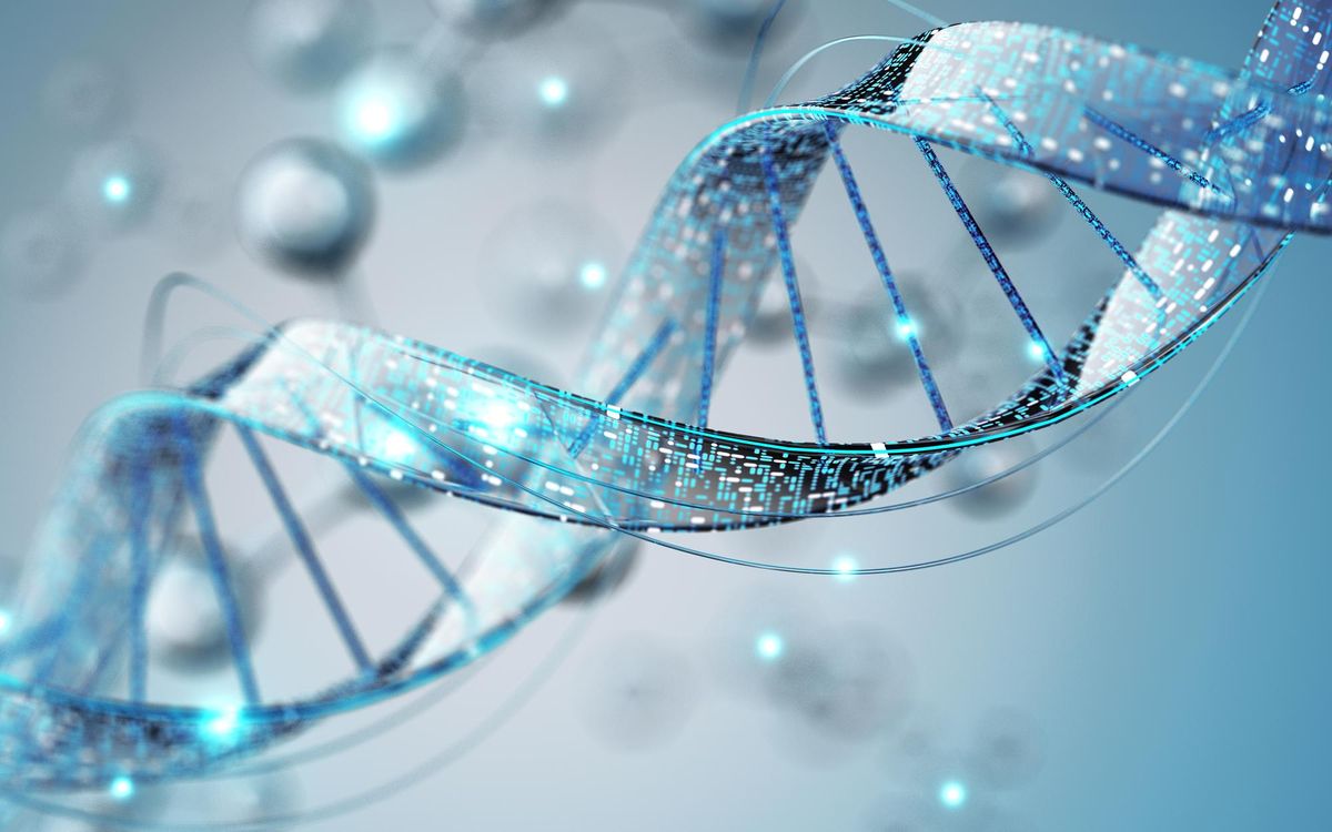 A glowing blue digital DNA helix with data patterns.