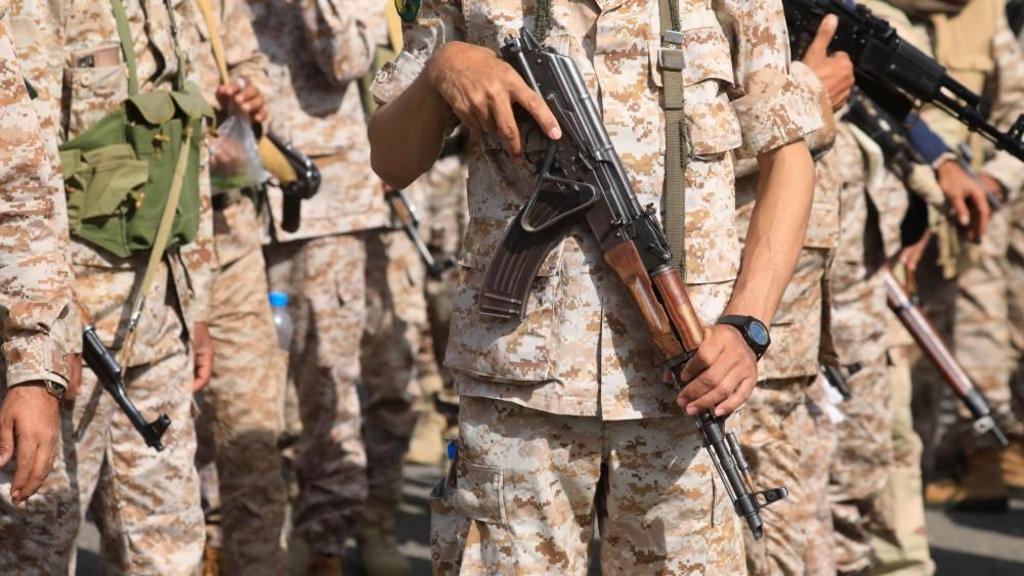 Houthi fighters gather during a campaign to mobilize more fighters amid an escalation of fighting, in Sana'a, Yemen