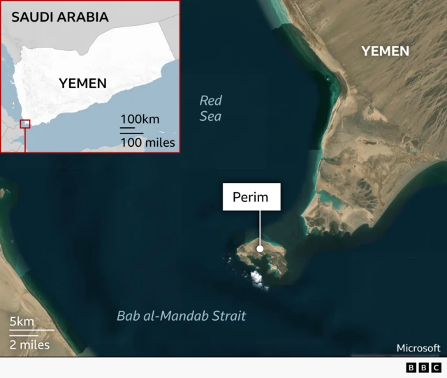 Satellite image shows Perim island in the Bab al-Mandab Strait off the southern coast of Yemen. A scale shows the island is about 5km wide. An inset maps shows where it sits on the south west of the country.