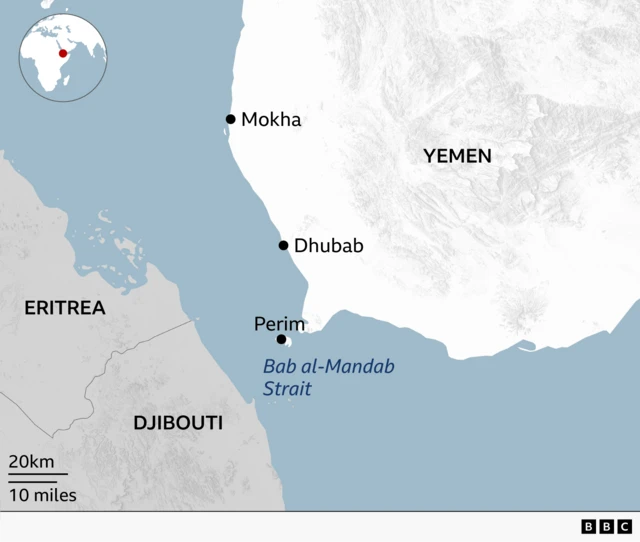 Regional map showing south west corner of Yemen to the east and Eritrea and Djibouti on the west side of the Bab al-Mandab Strait. Places labelled in Yemen include Mokha and the island of Perim in the strait. A small inset globe in the top right shows the region’s location.