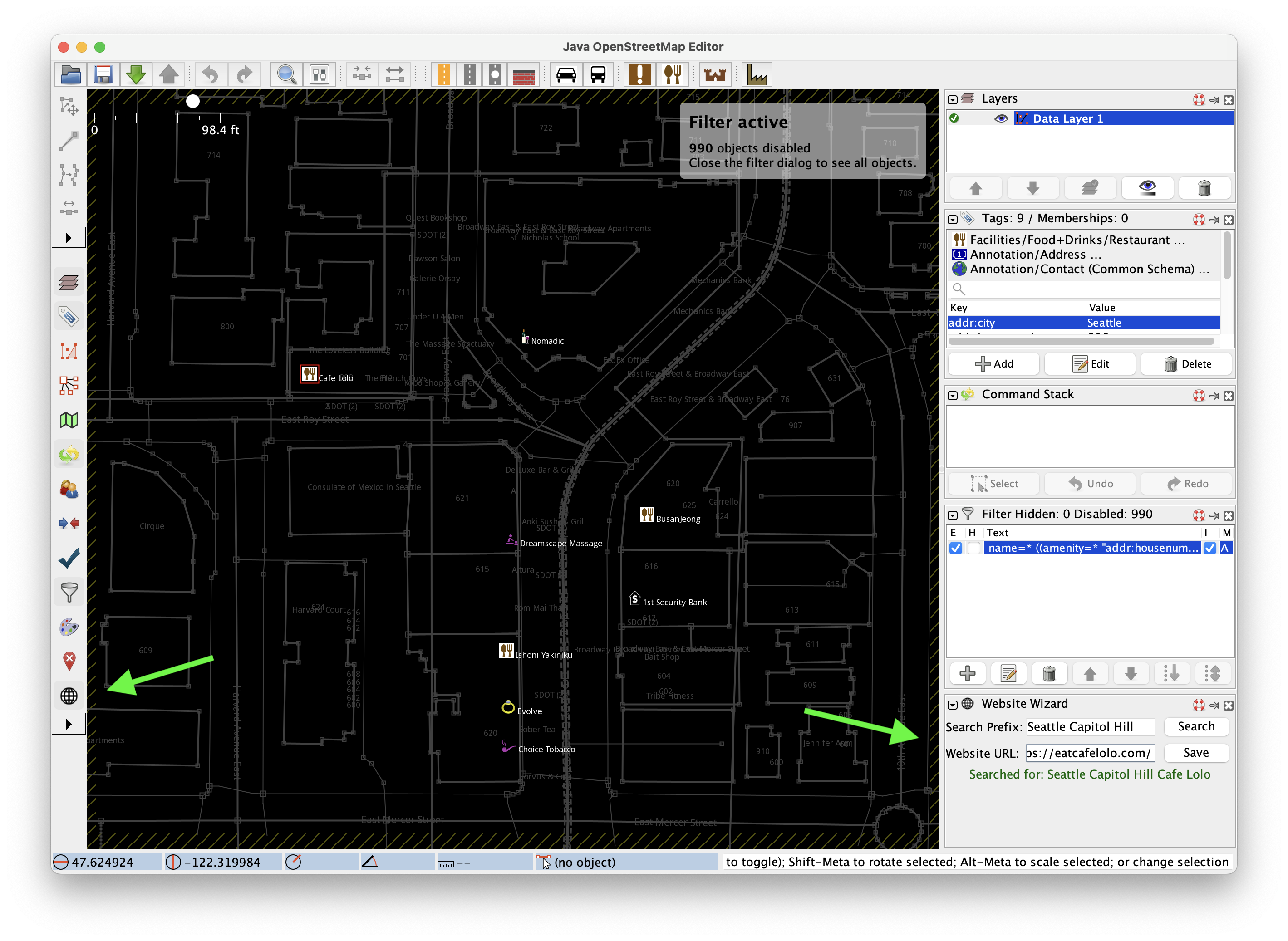 Website Wizard demo search in the JOSM editor