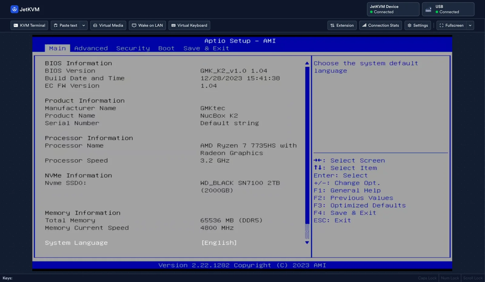 The JetKVM web interface showing the AMI BIOS setup screen of the connected machine