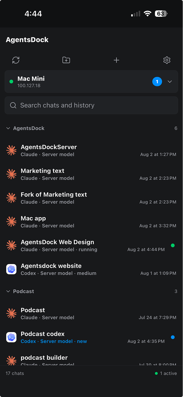 AgentsDock iPhone app showing the chat list with a connected Mac Mini server and recent Claude and Codex sessions
