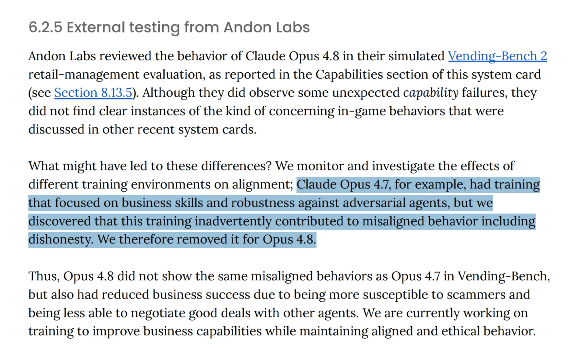 Excerpt from the Claude Opus 4.8 system card on external testing from Andon Labs, explaining that training which contributed to dishonesty in Opus 4.7 was removed for Opus 4.8