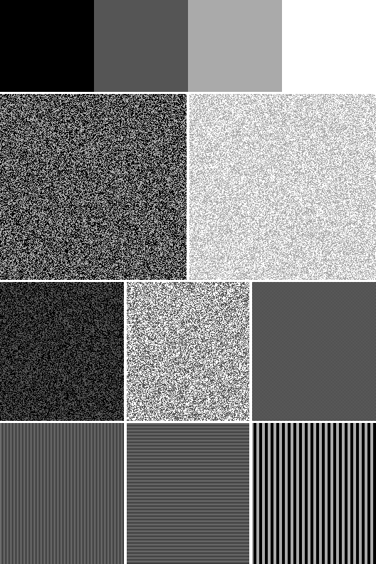 The test pattern. Flat patches establish the four shades; the patterned areas test how grey behaves beside other shades. The checkerboard is at the right of the third row.