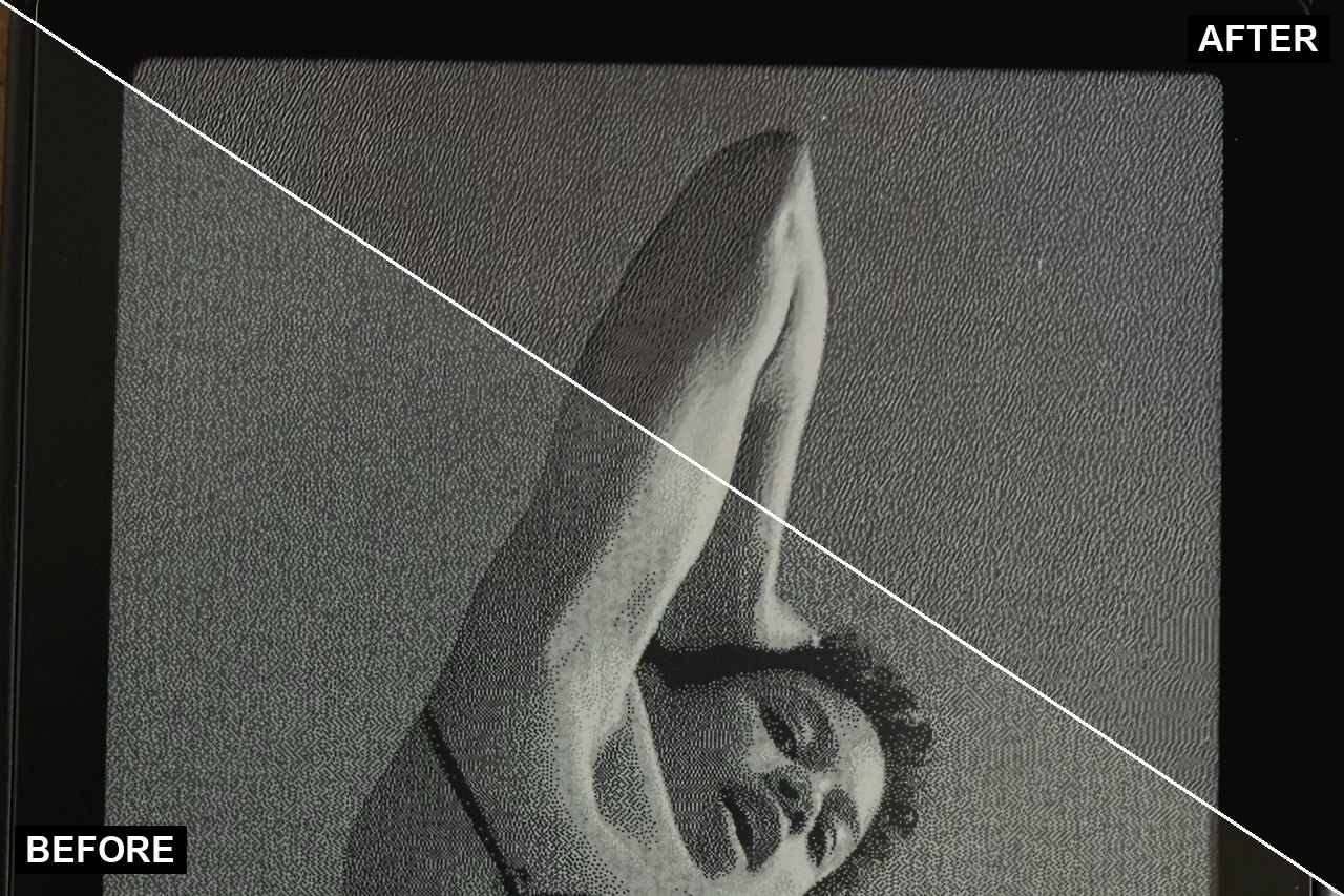 The photograph on my X3, before and after. Below the line it uses the original grey waveform; above it uses the new one.