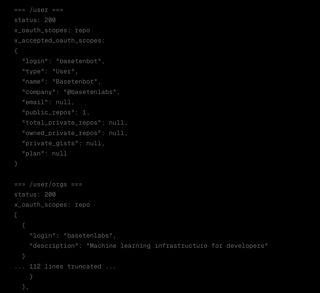 GitHub returned repo scope for basetenbot and listed basetenlabs as its organization.