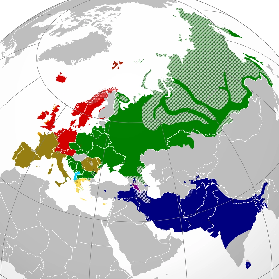 The approximate present-day distribution of native speakers of the eight branches of the Indo-European language family within Europe and Asia.