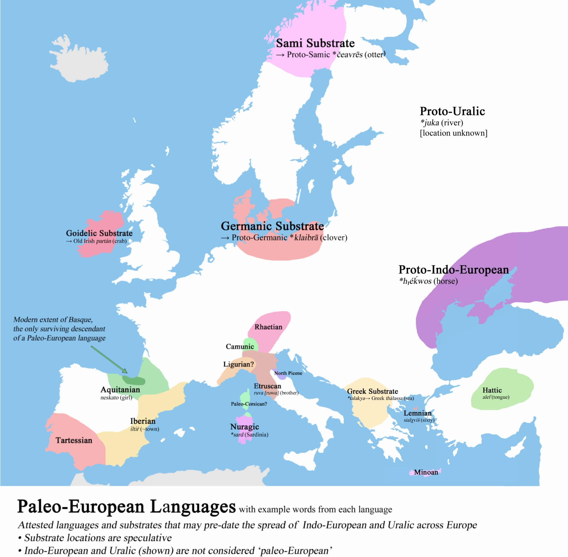 Map of known Paleo-European (Old European) languages, including ones that are directly attested with written evidence and those that are only indirectly attested.